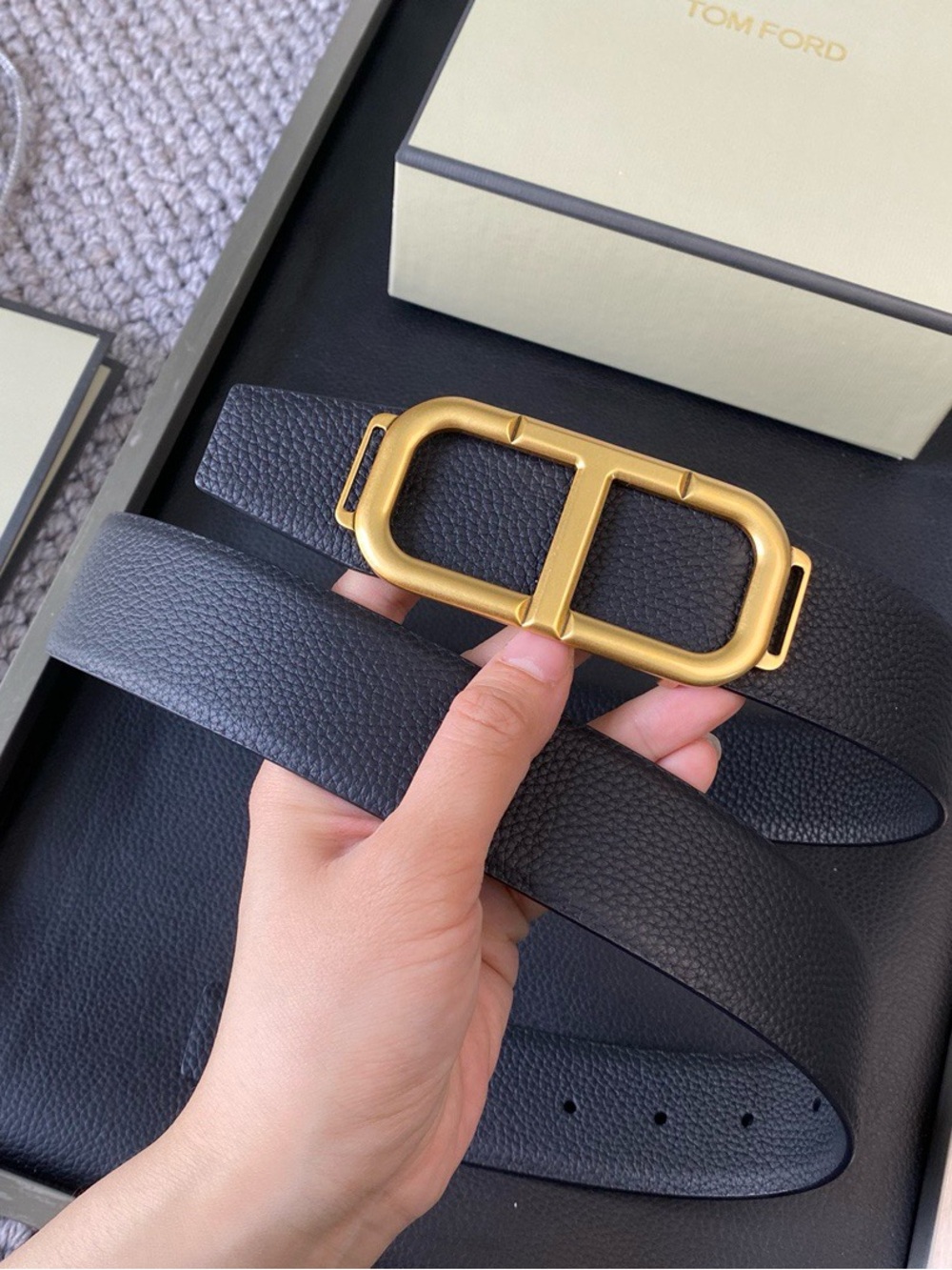 Tom Ford Black Leather Belt with Gold Oval Double Buckle